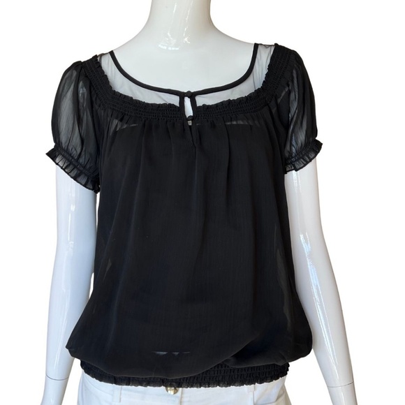 Express Black Peasant Blouson Top Completely Sheer Size Medium NWT - Picture 1 of 6